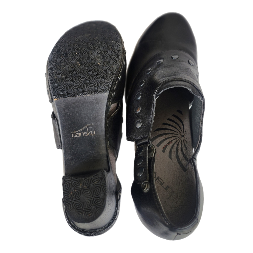 Black Leather Clogs with Silver Studs and Wooden Sole - Picture 6 of 7
